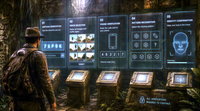 explorer in ancient temple is confronted with modern computer verification tasks in satire comparing to ancient riddles and puzzles