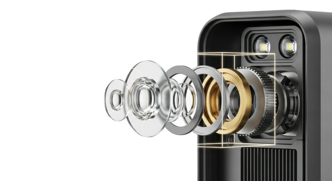 macro shot of high-precision micro-projector optics in an exploded technical view; floating components, machined metal, anti-reflective glass on infinity white, concept of technological precision and