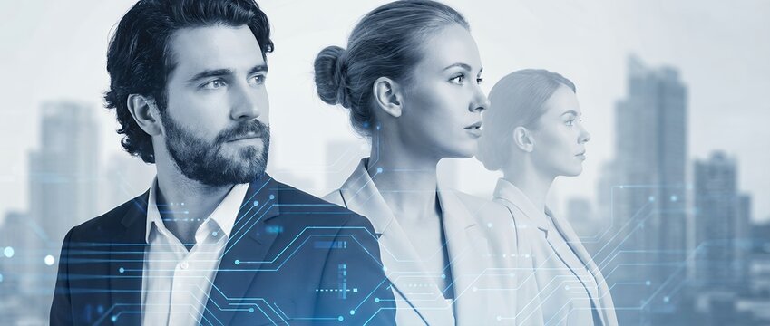 Three business professionals two women and one man look forward with determination against a blurred cityscape overlaid with digital circuit patterns team teamwork