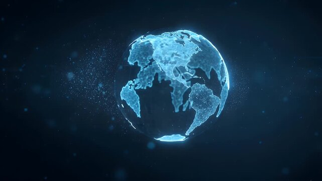 Digital glowing globe graphic with network connections representing global communication and data technology floating in deep space against a dark blue background with abstract particles scattered