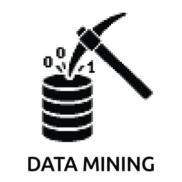 Black data mining icon with pickaxe and binary code Vector, illustration