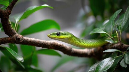Fototapeta premium Green Snake Resting on Branch Surrounded by Lush Green Leaves