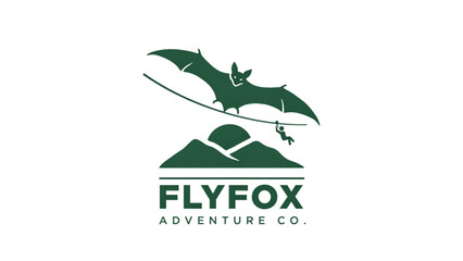 Green pterodactyl flying over black and white logo text flyfox adventure co Vector © MDSUJON
