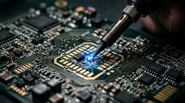 Close up of soldering iron tip working on electronic circuit board