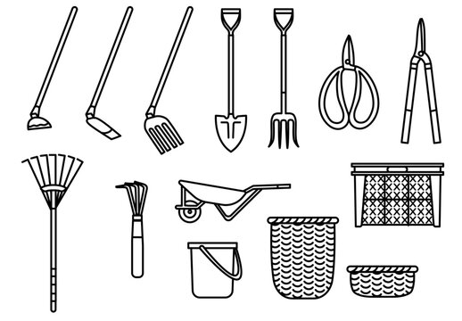 ガーデニングや農作業で日常的に使用するスコップやクワなどの道具を集めたセット｜畑仕事や庭の手入れのコンセプトに使えるシンプルなモノクロ線画のベクターイラスト