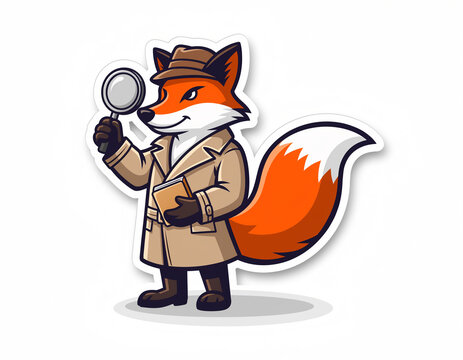 A cartoon fox detective wearing a trench coat examines with a magnifying glass.