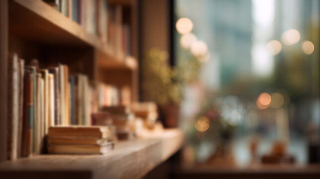 Blurred view of a modern home library with dark wooden bookshelves filled with books and green plants.
