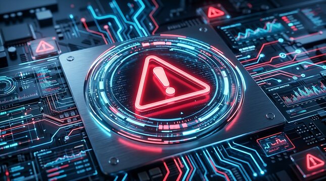 Glowing red warning alert triangle integrated into metallic computer processor chip on high tech motherboard