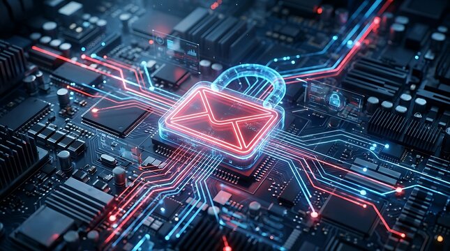 Digital email envelope inside glowing secure padlock on motherboard representing phishing threat and encrypted communications
