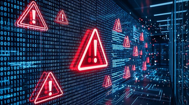 Red warning alert triangles floating in digital server room with binary code background indicating network error