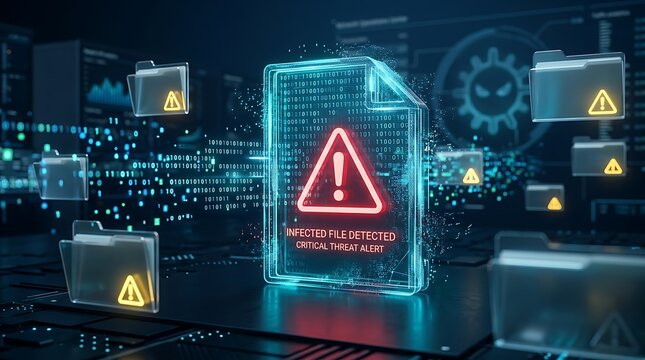 Critical threat alert showing infected file detection with glowing red warning triangle and digital folders on motherboard