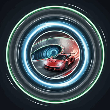 Red supercar driving fast through an abstract circular tunnel of glowing blue and green neon light trails, representing speed, technology, and vortex.