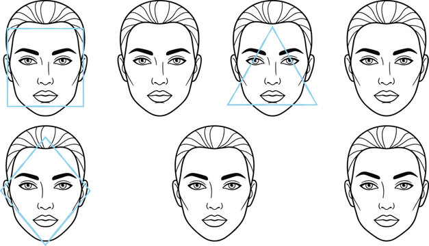 Women face shapes guide vector illustration set with geometric lines for makeup contouring and hair styling isolated on white background