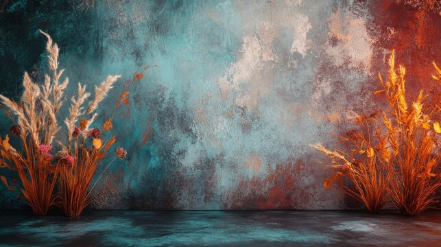 Dried flowers flank textured wall backdrop