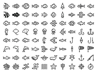 Fototapeta premium Ocean Life and Fishing Line Icon Set
