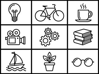 Minimalist Vector Line Icon Set Featuring Creativity, Travel, and Knowledge Concepts © Sigit