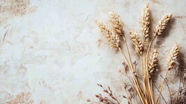 Dried wheat stalks and wildflowers on textured background