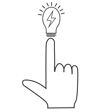 Black and white line illustration showing a hand with the index finger pointing upwards, touching a burning light bulb with a lightning symbol inside. This image symbolizes the concept of ment