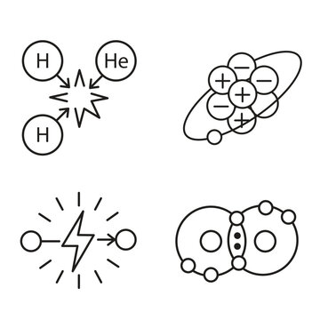 Physics icon set with nuclear fusion, lithium atom structure, electrical energy, and covalent bond.