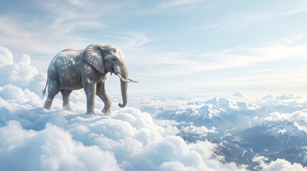 Fototapeta premium Dreamy Surrealism of a Giant Elephant Walking on Clouds Above Mountains