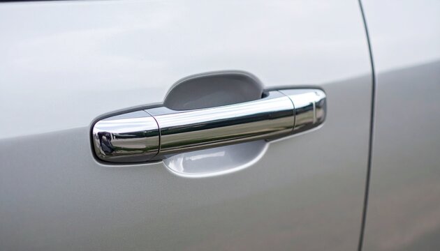 A Close Up View of a Chrome Car Door Handle Against the Silver Body Panel of a Vehicle