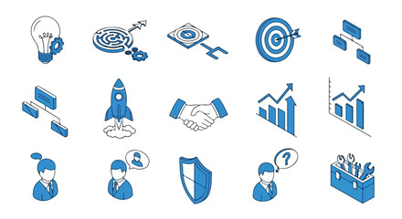 A collection of fifteen blue and white isometric icons depicting various business concepts like strategy, growth, innovation, and teamwork. © Widya