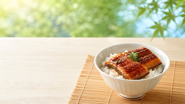 夏の和食 うなぎの蒲焼き丼 土用の丑の日 木の芽を添えたうな丼と緑の背景 コピースペース付き