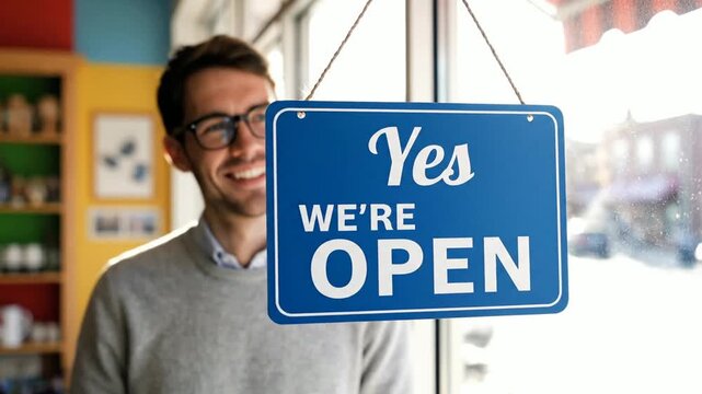 Smiling Business Owner Hangs Yes Were Open Sign in Storefront Window.