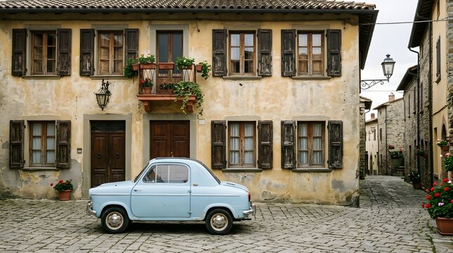 Vintage light blue microcar parked on cobblestone street in front of a rustic Italian building