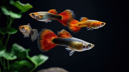 Fototapeta premium Colorful Guppy Fish Swimming in Aquarium Surrounded by Greenery