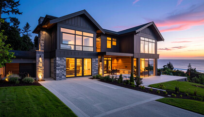 Naklejka premium Modern Coastal Residence at Dusk: A stunning contemporary home with large windows and stone accents sits majestically on a hill overlooking the ocean, bathed in the soft hues of twilight.