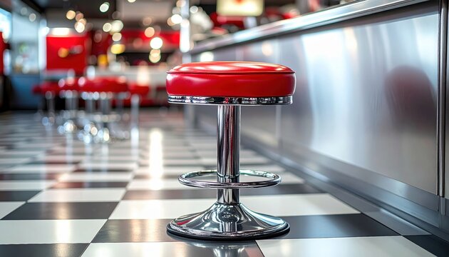 A gleaming red chrome diner stool sits on a black and white checkered floor in a retro establishment
