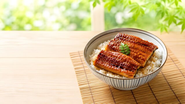 うなぎの蒲焼き丼 ふっくらと焼き上げた鰻の蒲焼二切れ 夏の食卓と新緑の背景 コピースペース付き