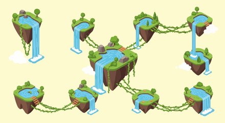 Fantasy floating islands connected by vines with waterfalls and lush greenery. © Anak