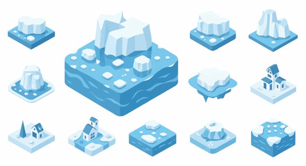 Collection of isometric illustrations depicting icebergs, frozen landscapes, and small houses in a cold environment. © Anak