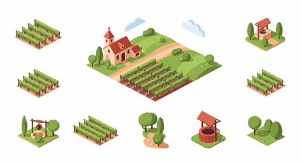 Fototapeta premium Isometric vineyard landscape with a church, wells, and trees in a stylized, cartoonish design.