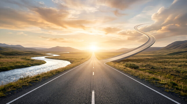 Premium Surreal Road Splitting into the Sky and Horizon at Sunset