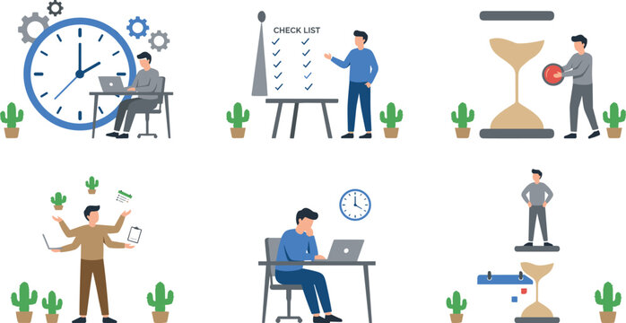Time management and productivity vector concept set with business people working multitasking checking tasks and managing project deadlines