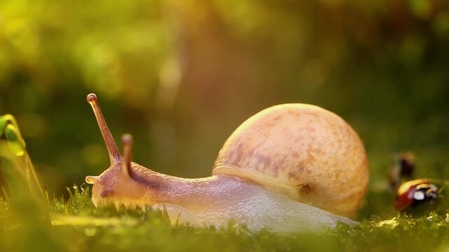 Macro footage of small snail crawling on green moss during golden sunset with ladybug in background.