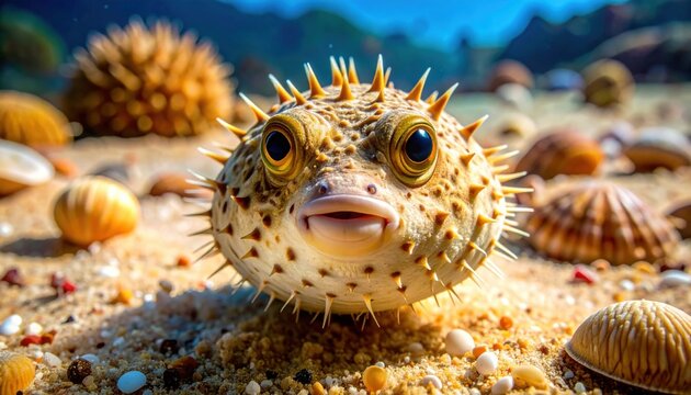 Close up of a spiny pufferfish with expressive eyes resting on a sandy seabed