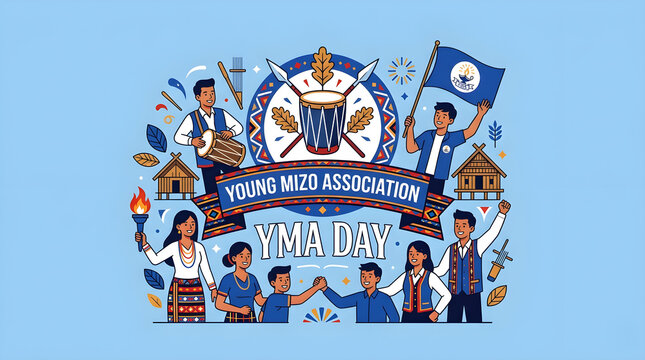 Young Mizo Association YMA Day Banner with Mizo People in Traditional Attire Performing Cheraw Bamboo Dance