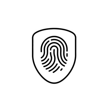 A fingerprint is scanned for security on a shield icon in a graphic illustration.