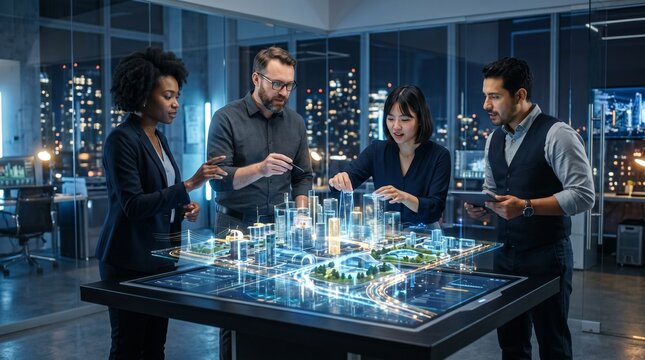 Diverse business people work on a futuristic city model at night in a modern office with city views.