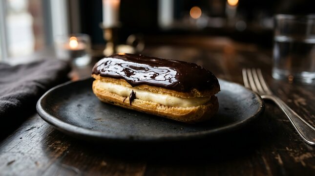 Chocolate Eclair on Plate: A rich, glossy chocolate eclair filled with creamy custard rests on a dark ceramic plate.