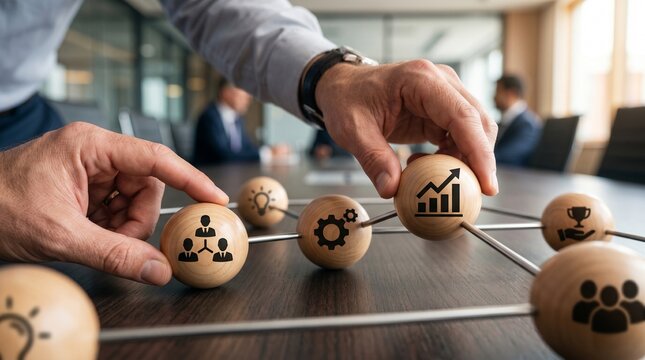 A man's hands connect wooden spheres with business icons on a conference table during a meeting.