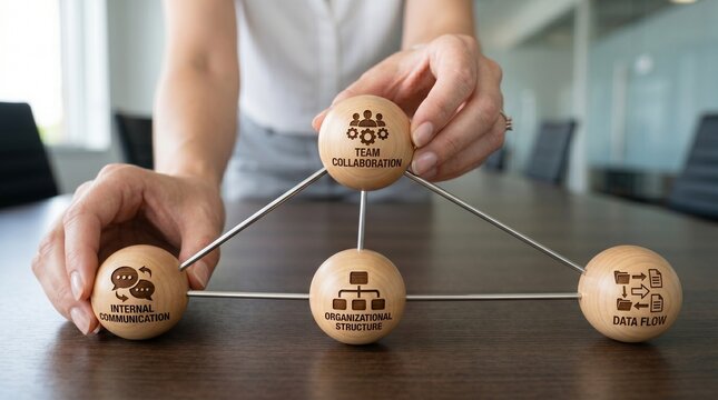 A person is holding a wooden model depicting interconnected business concepts on a conference table in an office.