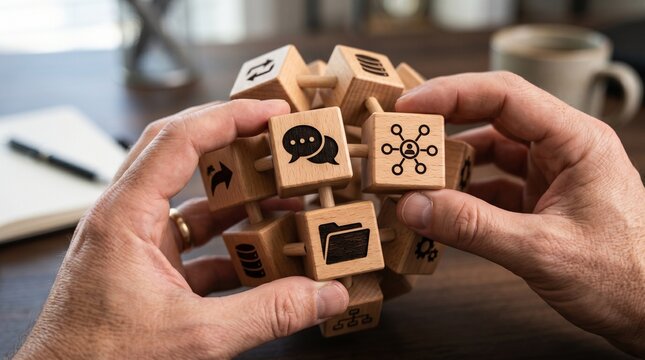 A person's hands are shown solving a wooden puzzle cube with various communication and business icons on a desk.