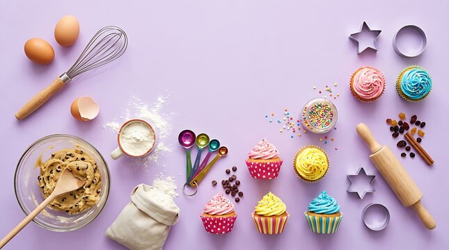 Baking Bliss: A vibrant flat lay showcases the joy of baking with colorful cupcakes, fresh ingredients, and essential kitchen tools artfully arranged on a lavender backdrop.