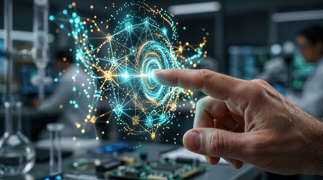 A male hand touches a glowing abstract data visualization in a futuristic science laboratory setting 3d rendered.