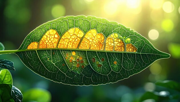Detailed Cross-Section of a Plant Leaf Illuminated by Sunlight Showing Cellular Structures and Veins